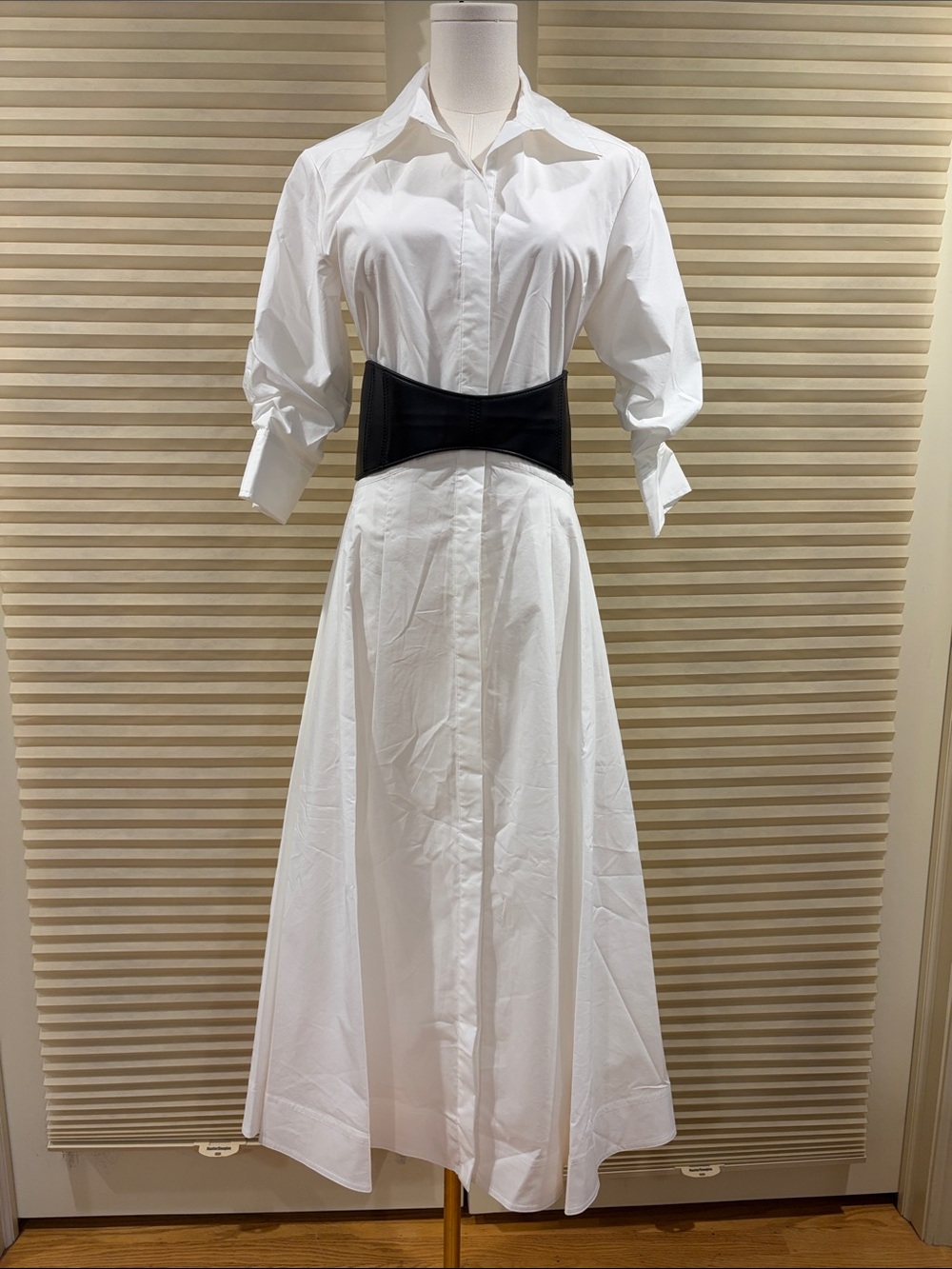NWOT Simkhai White Shirt Midi Dress with Black Waist Cinch, Size S